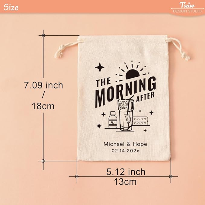 25PCS Custom Wedding Hangover Recovery Kit Bag, Eco-Friendly Ink Hand-Printed Cotton Drawstring Survival Kit, Bachelorette Party & Wedding Guest Favor Emergency Bag