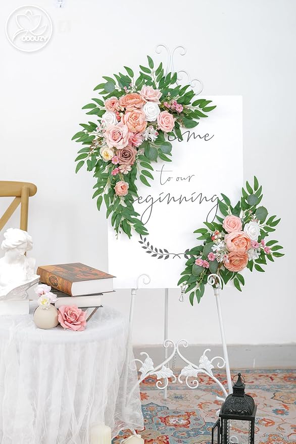 Pack of 2 Wedding Arch Decorations Artificial Hanging Flowers Floral Swag for Wedding Welcome Sign Backdrop Balloon Arch Home Party Bridal Ceremony Reusable(Deep Pink)