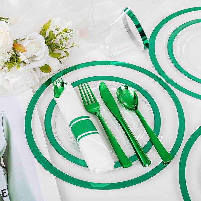 I00000 350 Pcs Green Plastic Plates-Clear Dinnerware Set for Party,Include 100 Dinner and Dessert Plates,50 Plastic Cups 9 OZ,50 Per Rolled Napkins with Cutlery for St. Patrick's Day