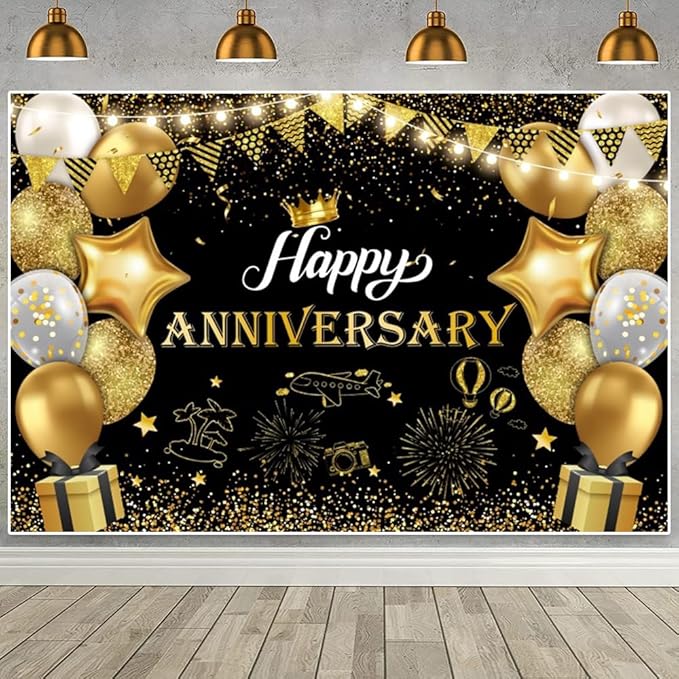 ChloropLastid Happy Anniversary Backdrop Black Gold Anniversary Decorations for Party Banner 50th 60th Anniversary Birthday Wedding Supplies Photo Booth Props Background 10X6.5FT