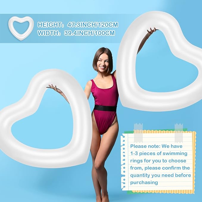 Junkin 47. 3 x 39. 4 Inch White Heart Pool Float Bachelorette Inflatable Swim Float Bride Pool Water Ring Loungers Tube Swimming for Engagement, Wedding, Summer Beach Party(2 Pcs)