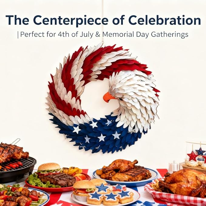 250th Anniversary Eagle Wreath 3D Patriotic Brave Wings Decoration Red White Blue Style Fabric Design for Front Door Wall Porch Independence Memorial Day Indoor Outdoor Decor(2pcs,9.8in)