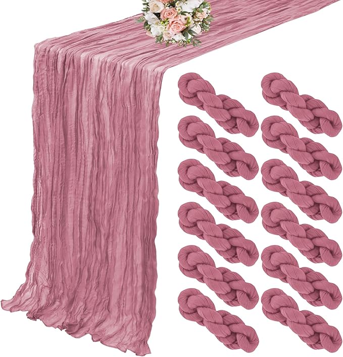12 Pack Cheesecloth Table Runner 20 x 120 inch Cheese Cloth Table Runner Bulk,Romantic Boho Sheer Gauze Fabric Table Runners for Wedding Reception,Party,Bridal Shower Table Decor(Dusty Rose)