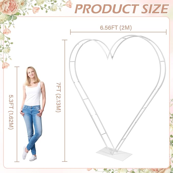 7FT Metal Heart Arch Double Heart Shaped Balloon Stand Wedding Arch for Proposal Ceremony Valentine's Day Birthday Party Baby Shower Decoration (White)
