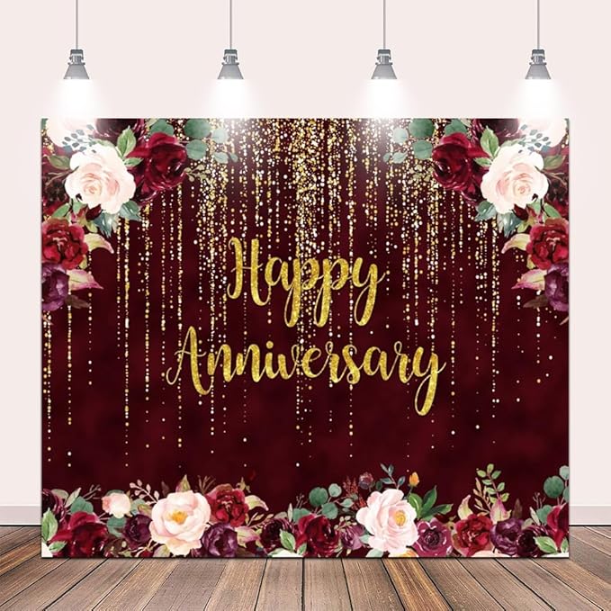 Happy Anniversary Decorations Backdrop Happy Anniversary Banner 10x8ft Gold Burgundy Wedding Commemorative Day Photography Background Couple Party Supplies Cake Table Decor