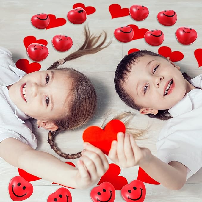 BBTO 150 Pcs Valentine's Day Stress Relief Balls 3 Styles Heart Smile Face Foam Balls Stress Relief Toys Party Favors for Teens Adults Student School Prizes Gift Bag Fillers(Red)