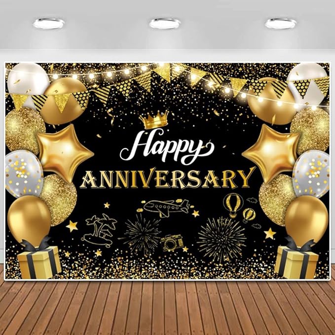 ChloropLastid Happy Anniversary Backdrop Black Gold Anniversary Decorations for Party Banner 50th 60th Anniversary Birthday Wedding Supplies Photo Booth Props Background 20X10FT