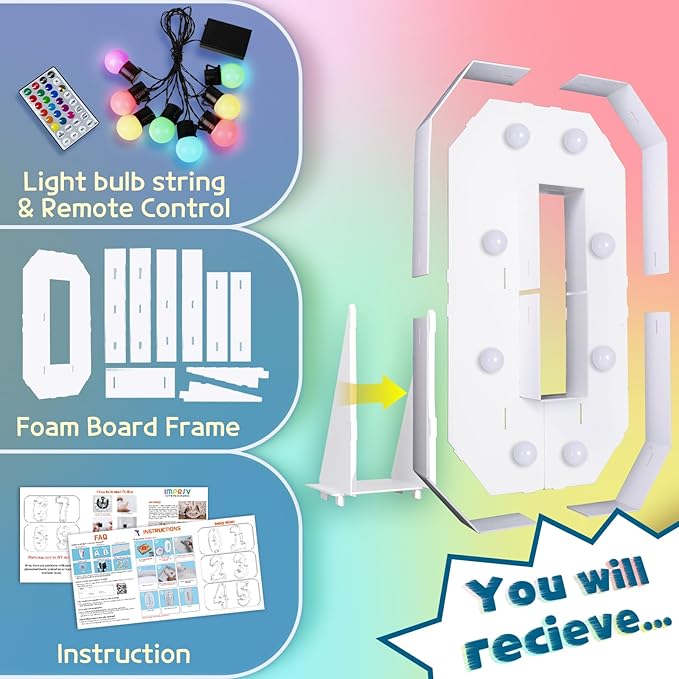 imprsv 3FT Colorful Marquee Numbers,18 Colors with Remote, Light Up Numbers 0 for 40th 50th Birthday Decorations Anniversary Party Decor, Pre-Cut Foam Board Kit, Mosaic Sign for Balloon