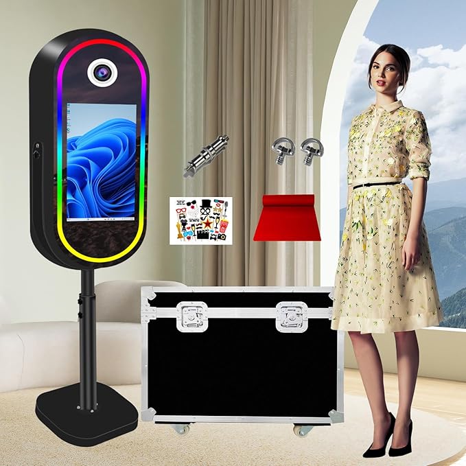 Vanya Oval Mirror Photo Booth Mirror Photo Booth Machine 21.5'' Touch Screen Magic Mirror Photobooth Portable for Party Events Wedding Rental (Black, Without Camera Printer)