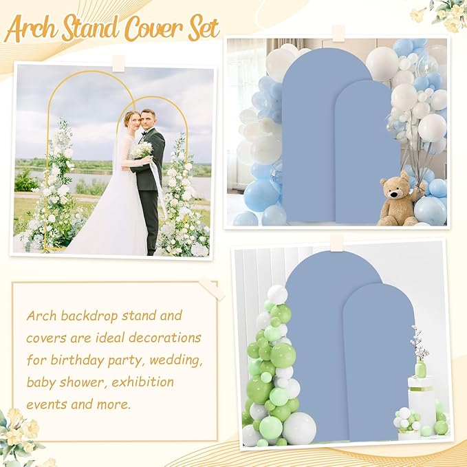 Arch Stand with Cover Set of 2 Metal Arch Stand with Dusty Blue Arches Spandex Covers Chiara Backdrop Cover for Arched Frame 6FT 7.2FT Arched Stands Covers for Parties Birthday Baby Shower