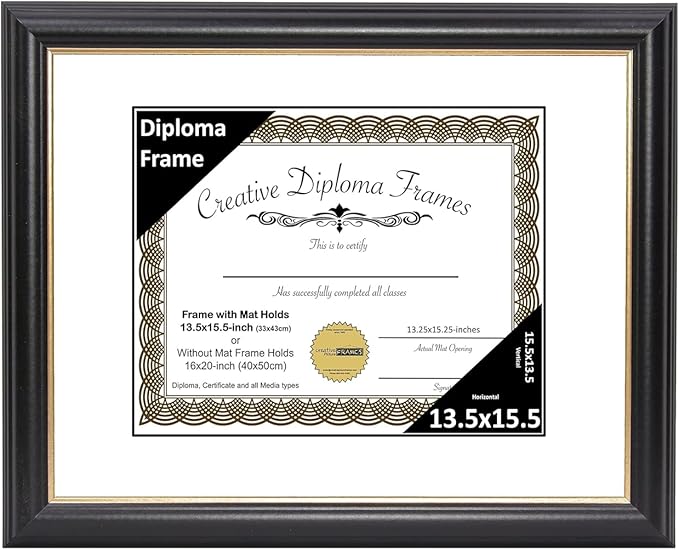 Creative Picture Frames 13.5" x 15.5" Rockefeller Black w/Gold Rim Diploma Frame, Displays 13.5" x 15.5" Certificate or 16" x 20" Document w/o Mat, College Degree Frame, Full-Strength Glass, White Mat