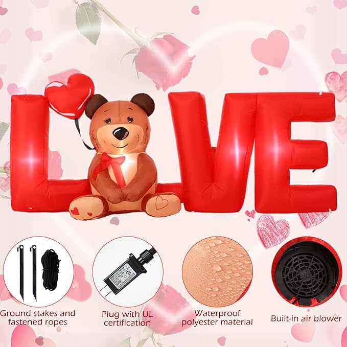 Shappy 9 FT Valentine's Day Inflatable Yard Decorations Love Letters with Bear Led Lighted Inflatables Outdoor Decoration Valentine Blow Up Decor for Wedding Propose Anniversary Party Supplies