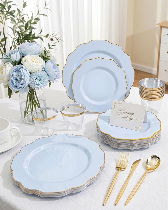 bUCLA 180PCS Blue Plastic Plates - Disposable Light Blue with Gold Rim - Include 30 Each (Dinner & Salad) Plates, 30 Knives, 30 Forks, 30 Spoons, 30 Cups for Party, Birthday & Shower