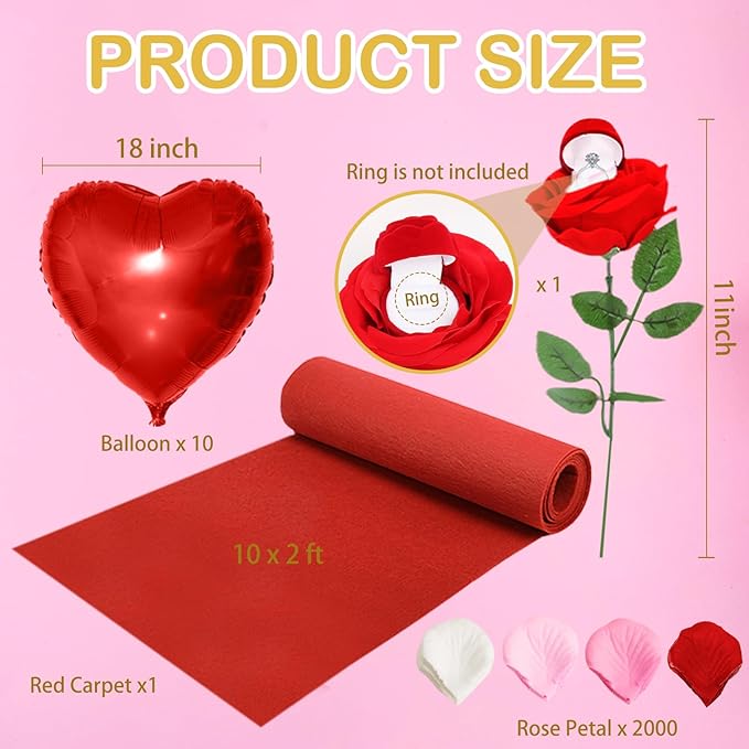 Marry Me Light Up Letters Proposal Decorations Marry Me Sign 24 LED Candles 2000 Rose Petals 10 Foil Balloon 10ft Carpet Runner Rose Ring Box for Valentine's Day Wedding Proposal Engagement (White)