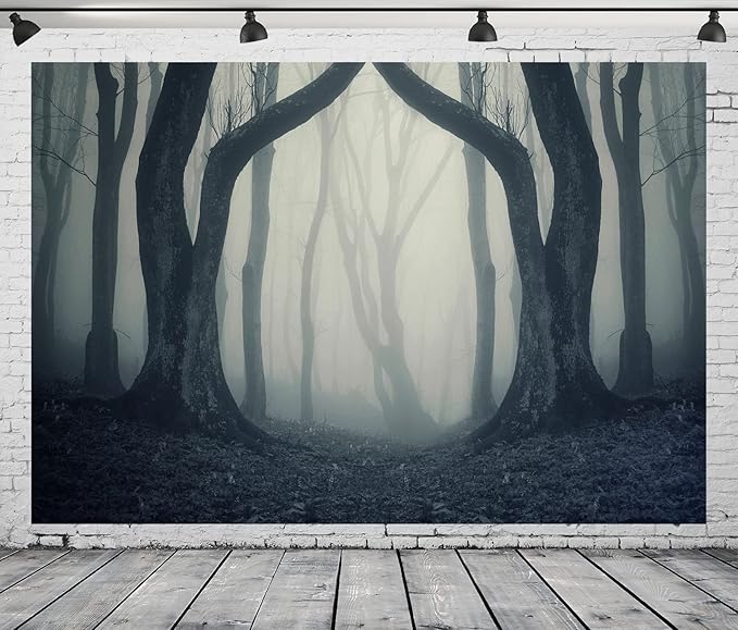 BELECO 15x8ft Fabric Dark Misty Woods Halloween Spooky Forest Backdrop for Photography Magic Grove Vampire Evil Trees Background Witch Wizard Sorcerer Ghost Theme Party Decorations Banner Photo Props