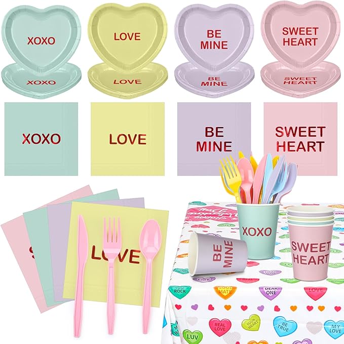 342 Pcs Valentine's Party Supplies Conversation Heart Tableware Set Serve 48 Conversation Heart Plates Napkins Cups Forks Knives Spoons Tablecloth Valentines Party Decor Disposable Dinnerware