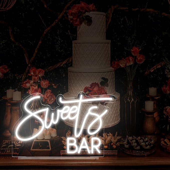 Sweet Bar Neon Sign, Handmade White LED Neon Light with Stand for Wedding Reception, Baby Shower, Home Mimosa Candy Buffet, Birthday Party, Dessert Table Sign - 15''