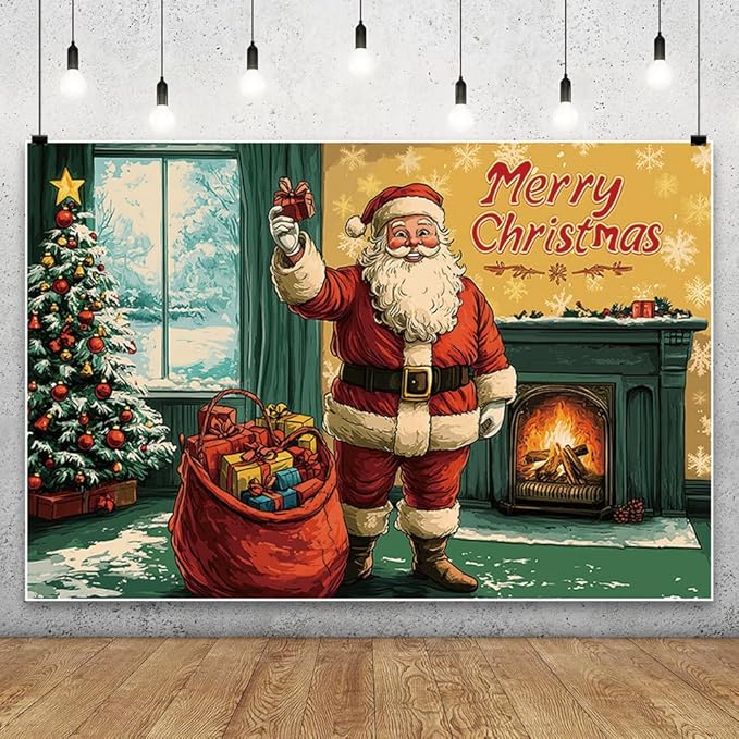 YongFoto Retro Merry Christmas Backdrop 10x6.5ft Santa's Home Christmas Tree Fireplace Photography Background Happy New Year Xmas Eve Family Party Banner Room Decor Photoshoot Wallpaper Photo Booth