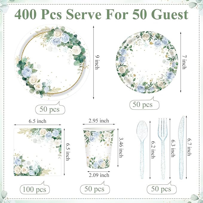 400 Pcs Sage Green Color Party Supplies Serve 50 Guests Eucalyptus Flowers Disposable Paper Plates Napkins and Cups for Bridal Baby Shower Birthday Wedding Party Decorations (Chic)