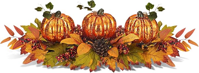 Fall Table Centerpiece with 3 Harvest Pumpkins, Lighted with Timer for Thanksgiving Table Decorations Centerpieces, Autumn Home Decor Battery Operated, 28 Inches