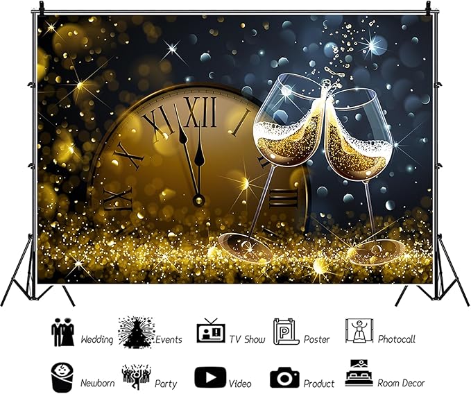 Baocicco 12x10ft Happy New Year Backdrop Countdown Party Shining Champagne Wine Glasses Bokeh Halos Backdrop Vinyl Photography Background New Year Eve Christmas Eve Party Winter Holiday Festival