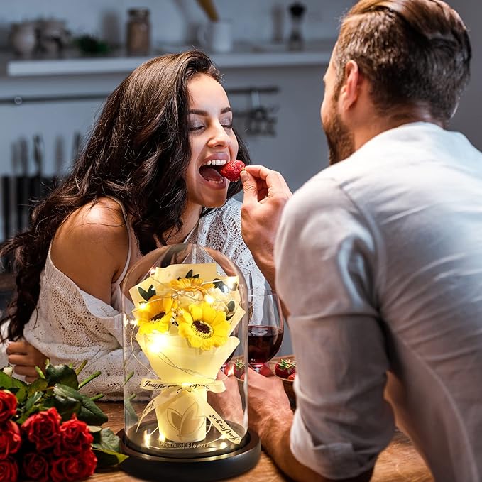 Valentines Day Gifts for Her,Flower Rose in Glass Dome with 2 Lighting Mode,Sunflower Gifts for Mom,Artificial Forever Flowers Xmas Birthday Gifts for Women Mom Wife Girlfriend Sister Friend