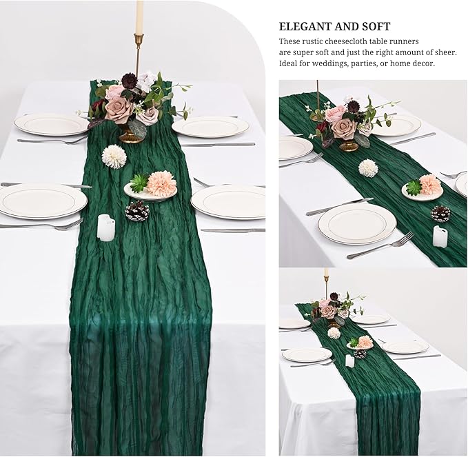 24 Pack Emerald Green Cheesecloth Table Runner 120 inch Fall Thanksgiving Boho Rustic Gauze Farmhouse 10FT Cheese Cloth Runner for Baby Shower Wedding Party Holiday Home Decor