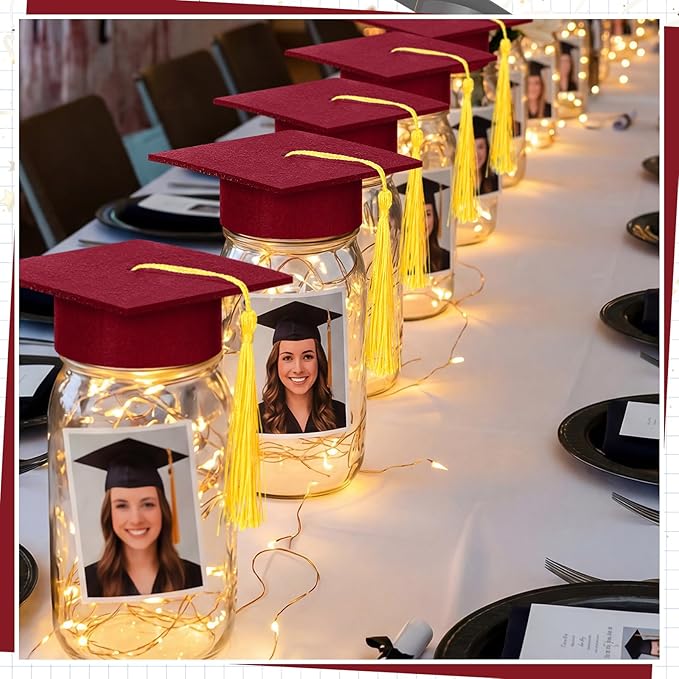 Boao 16 Sets Graduation Table Decoration Set with LED Light up Graduation Decorations for Class of 2026, Grad Jar, Felt Grad Hat and Stickers for High School College(Dark Red)