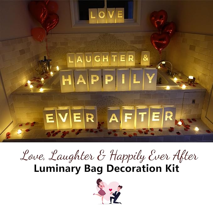 Love Laughter & Happily Ever After Luminary Bags with LED Tea Light Candles, Balloons, and Rose Petals – Romantic Decorations for Proposals, Anniversaries, and Special Moments