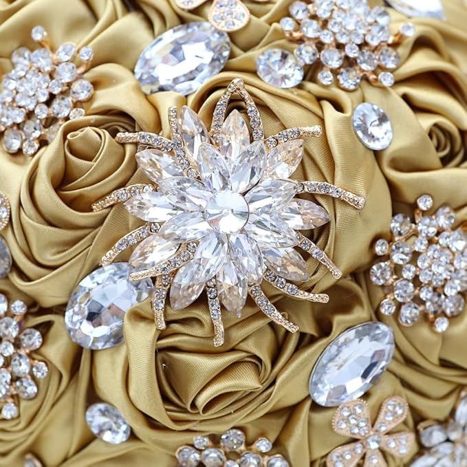 Gold Wedding Bouquet Handmade with Luxury Brooch Bling Rhinestone for Bride Bridesmaid Quinceanera Bouquet Satin Rose Flower Bouquet Wedding Gold 9.8in