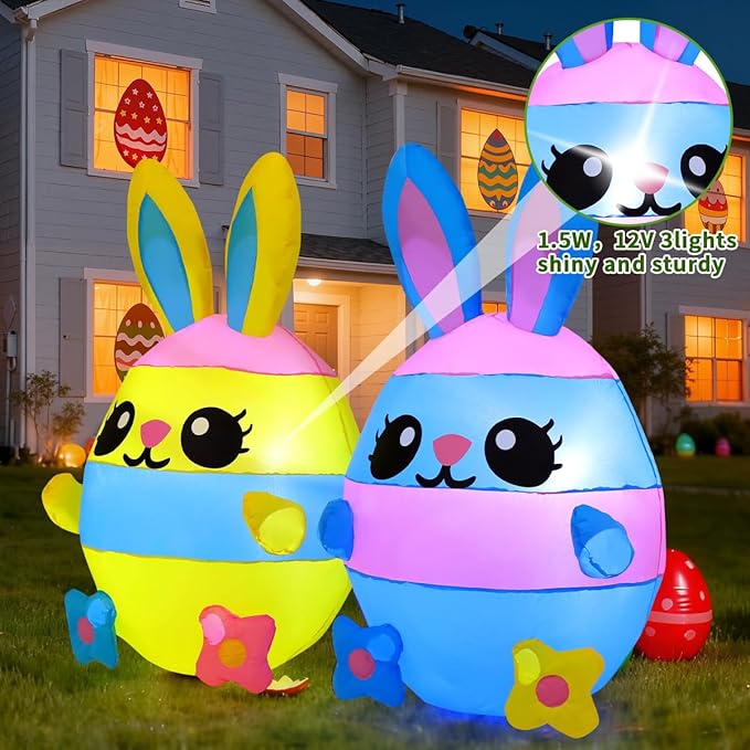 COMIN Easter Inflatables Outdoor Decorations, 4.1 FT Long Inflatables Rabbit Eggs, Built in LED Lights Easter Blow Up Yard Decorations for Indoor Outdoor Party Garden Lawn Holiday Decor