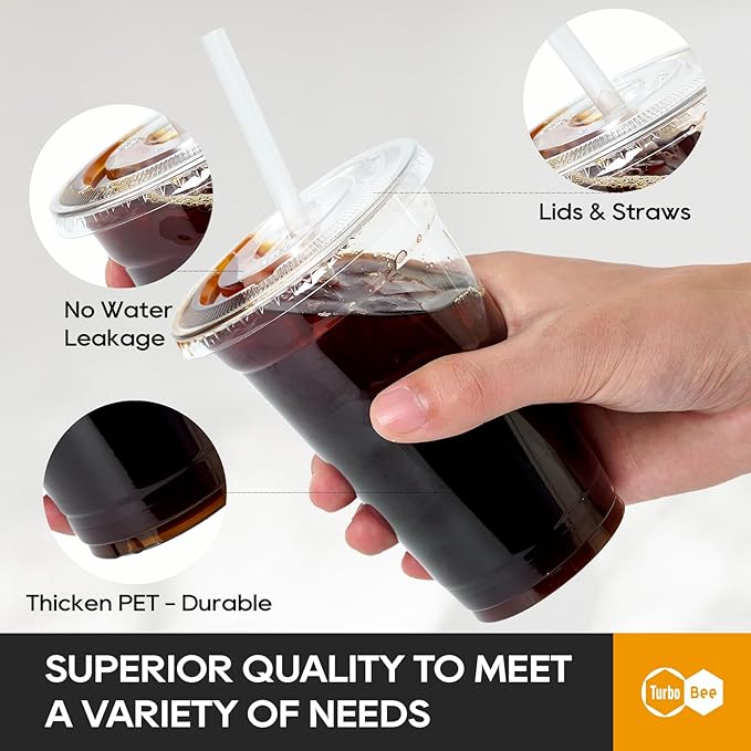 Turbo Bee 200 Sets 20 OZ Clear Plastic Cups with Lids and Straws, Disposable To Go Iced coffee cups with lids for Cold Drinks, Smoothie, and Slushie