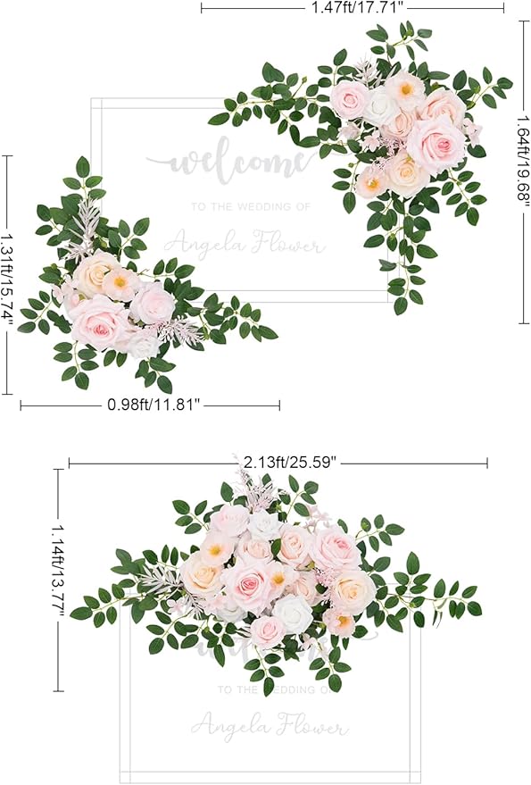 2pcs Champagne & Pink Deluxe Welcome Sign Artificial Flowers Wedding Backdrop Garland Hanging Floral Arrangements for Ceremony Reception Entryway Board Sweetheart Table