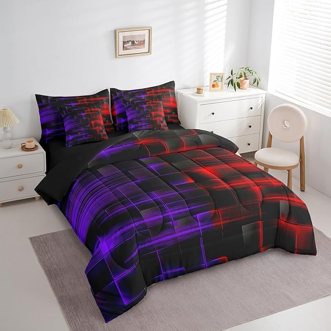 Feelyou Red and Purple Comforter Set with Sheets 7 Piece Queen Size Kids Geometric Bed in a BagStrip Lines Bedding Set Abstract Art Bed Set with Comforter, Sheets,Pillowcases,Cushion Covers