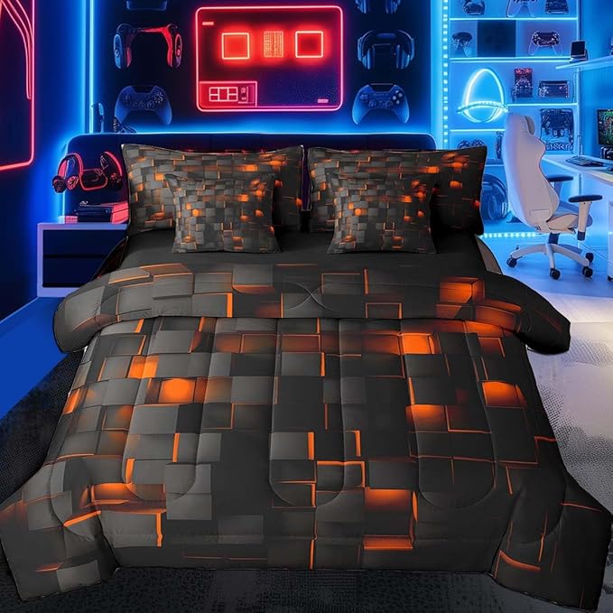 Feelyou Orange and Black Bedding Set Full Size Kids Light Geometric Comforter Set with Sheets 7 Piece Bed in a Bag forModern Bed Set with Comforter,Sheets,Pillowcases,Cushion Covers