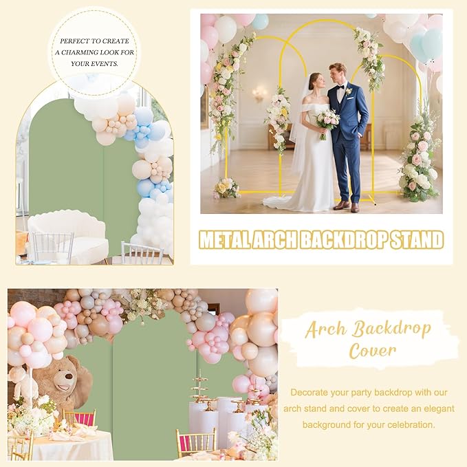 FUHSY Wedding Arch Backdrop Stand and Sage Green Arch Cover Set of 3 (6FT, 5FT, 4FT) Metal Arches Stable Frame Stands with Spandex Backdrop Cover for Birthday Party Bridal Baby Shower Decor