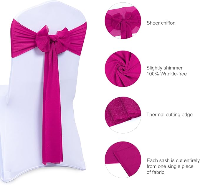 VDS Pack of 125, Magenta, Sheer Chiffon Chair Sashes Bows Chair Cover Back Tie Ribbon for Wedding Birthday Baby Shower Engagement Ceremony Event Party Banquet Restaurant Dining Chair Decoration
