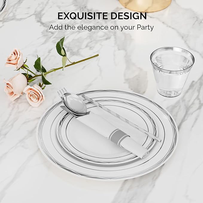 ROVSUN 400pc Silver Disposable Dinnerware Set for 50 Guests, Elegant Plastic Plates & Napkins, 50 Dinner & Dessert Plates, 50 Cups, 50 Straws