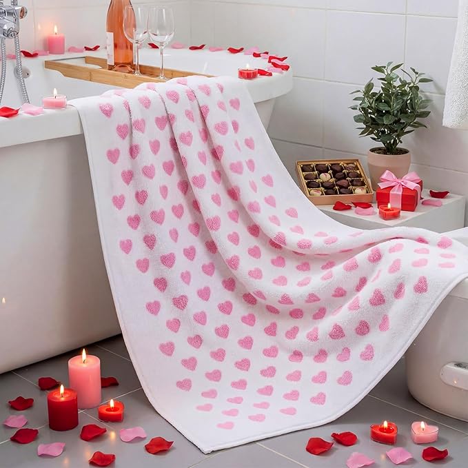 2 Pcs Valentine Hearts Cotton Bath Towels Gift Set 55 x 28 Inch Galentine Decoration Red Pink Hearts Soft Cotton Bath Towels for Valentine Gifts Home Travel Swim Bathroom Shower Supplies(Pink)