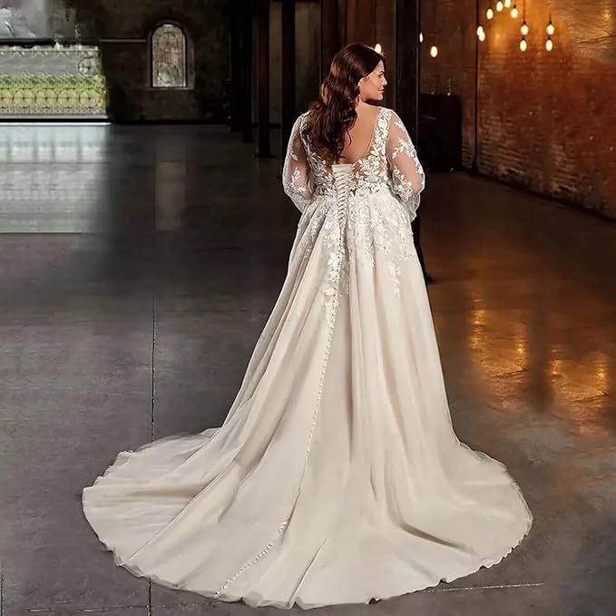 Plus Size Wedding Dresses for Bride Long Sleeve Wedding Bridal Gowns with Lace Appliques Off Shoulder Bride Dress