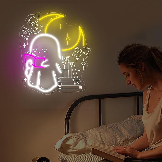 Ghost Reading Book Neon Sign Boo Reading Books Bedroom LED Lights Wall Decoration Neon Sign Decoration, Gift for Bookworm, 14.8"x13", Pink