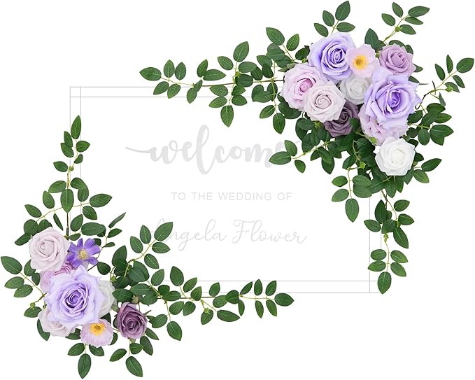 2pcs Purple Deluxe Welcome Sign Artificial Flowers Wedding Backdrop Garland Hanging Floral Arrangements for Ceremony Reception Entryway Board Sweetheart Table