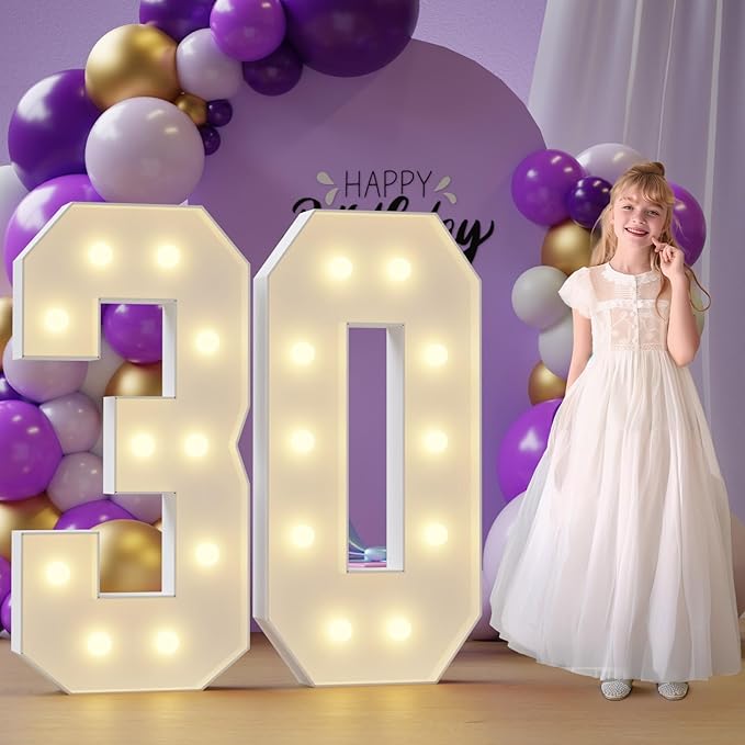 Marquee Numbers 30th-Birthday Large Decorations: 4ft Light Up Numbers 30 Birthday Sign for Boy Girl Thirty Year Old Anniversary Mosaic Party Decor Backdrop Big Foam Board Number 30