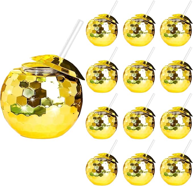 Disco Ball Cups, 20OZ Disco Party Cups with Lid and Reusable Straw Flash Ball Cocktail Cup for Party Nightclub Bar Supplies Wine Drinking Syrup Tea Bottle (12, Golden)