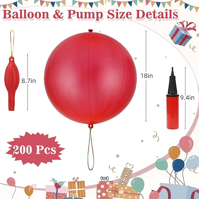 200 Pcs Punch Balloons Heavy Duty Punching Balloon Halloween Party Favors with Rubber Band Handle and Air Pump for Birthday Halloween Goodie Bag Stuffer Supply (Red)