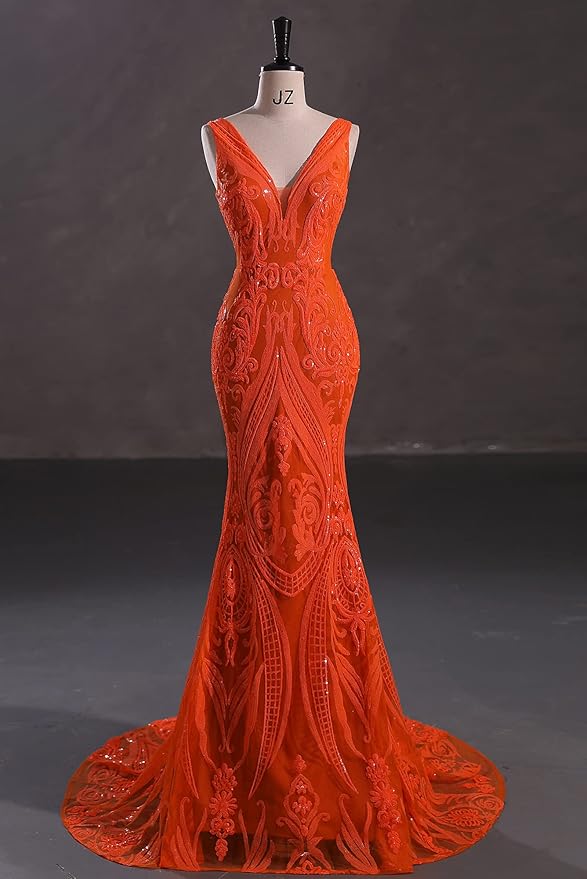 Women's Double V-Neck Sequins Lace-up Mermaid Evening Dress