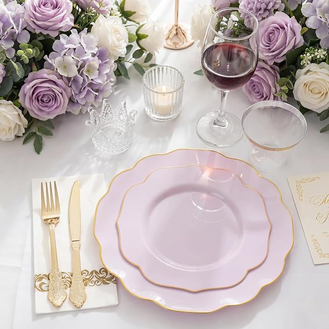 NOCCUR 175PCS Purple Plastic Plates with Gold Disposable Silverware - Include 50 Lavender and Gold Plastic Plates,25 Knives,25 Forks,25 Spoons,25 Cups and 25 Napkins - Ideal for Wedding/Spring Party