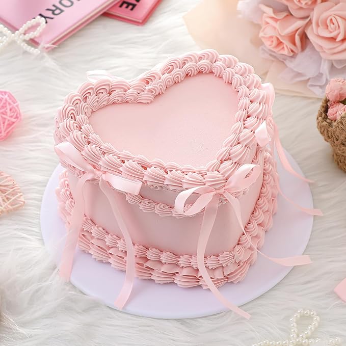 Remerry 6 Inch Pink Bow Fake Cake Coquettish Birthday Fake Cake Decor Pink Bow Heart Wedding Dessert Props Artificial Heart Dessert for Display Photography Props Women Birthday Wedding Gift
