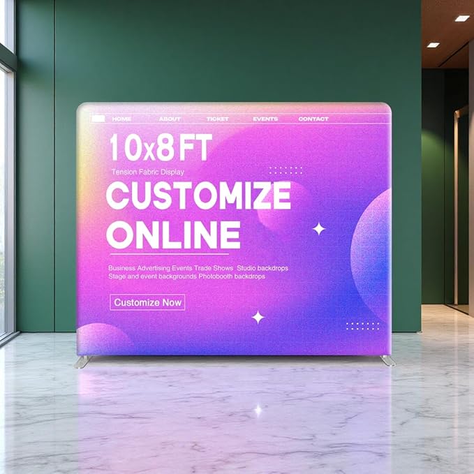 10x8 FT Custom Tension Fabric Backdrop Banner Stand, HD Banner Printing Online Design Tension Fabric Display Stand, Large Portable Trade Show Display Booth for Business, Corporate, Wedding, Mall