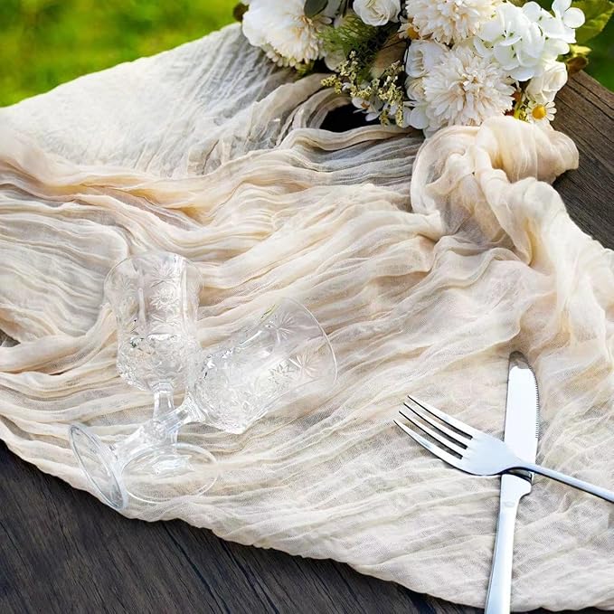 12 Pcs Beige Cheesecloth Table Runner 13ft Boho Gauze Cheesecloth Table Runner 160 inch Long for Christmas Wedding Bridal Baby Shower Birthday Table Decorations